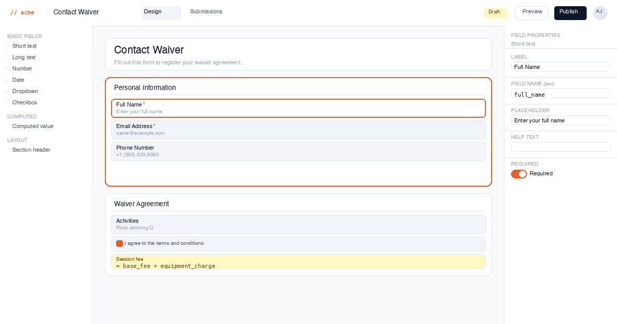 Acme Forms product interface — form builder showing a Contact Waiver with panels, fields, and computed values